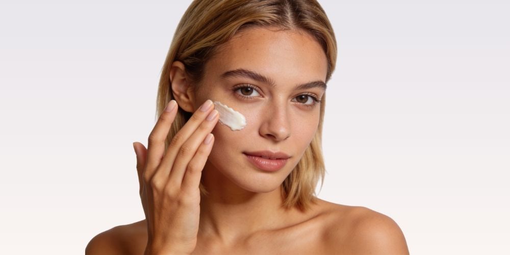 Jeune femme européenne appliquant une crème visage: moment de routine skincare quotidienne